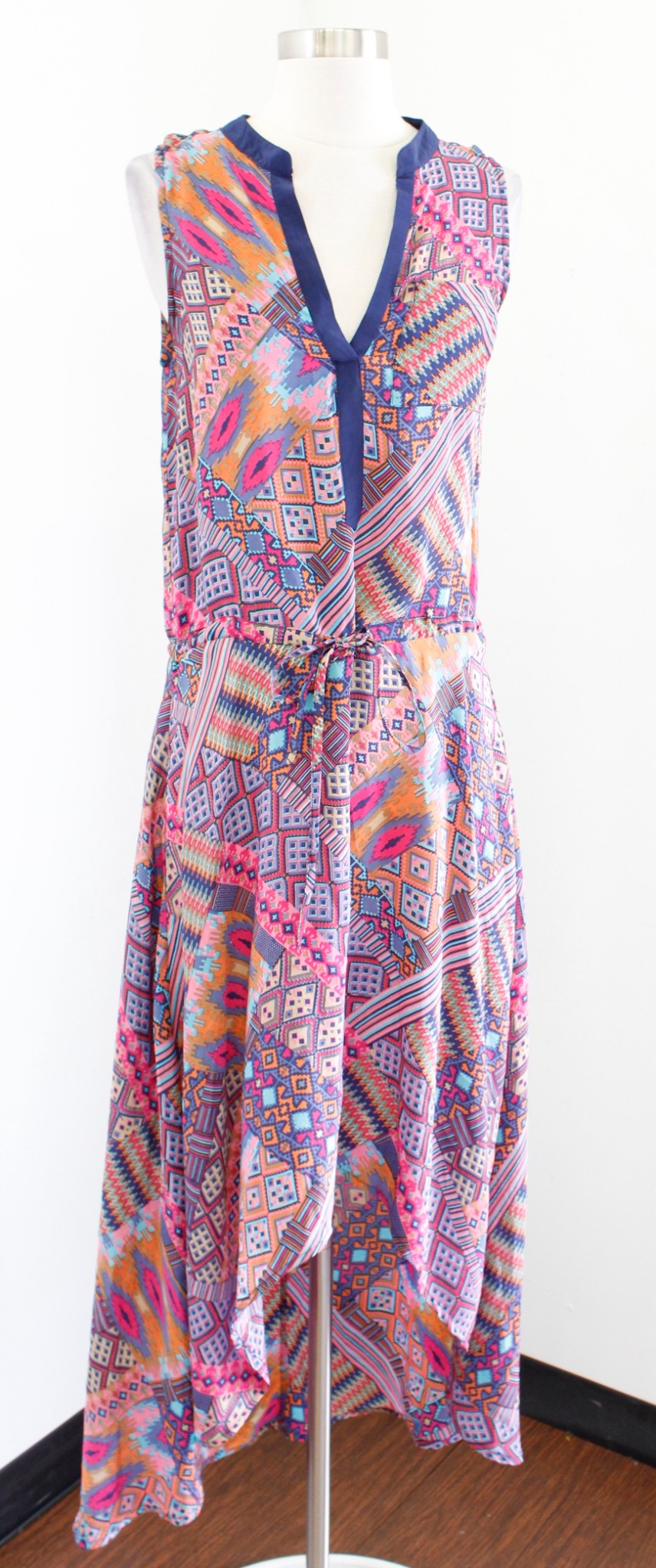 Tolani Silk Geometric Print Drawstring Waist Hi Lo Maxi Dress Size XS Pink Blue