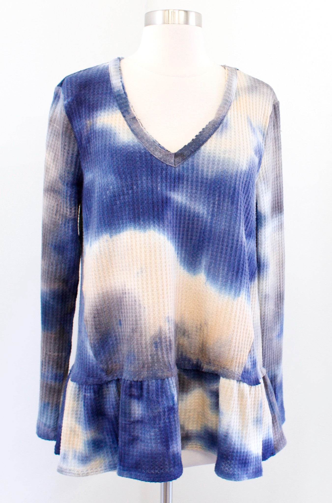 Eri + Ali Anthropologie Tallie Blue Tie Dye Thermal Knit Peplum Top Blouse Sz M long sleeve