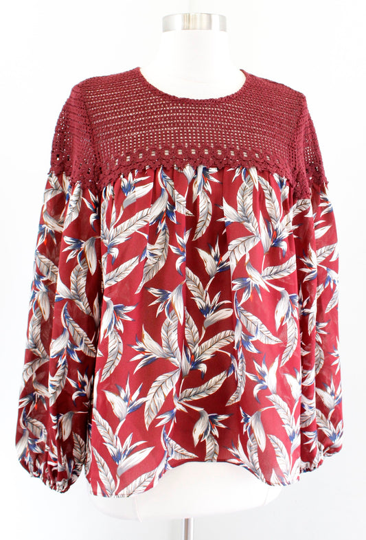 Mynahs Renyu Taandon Anthropologie Burgundy Red Floral Crochet Top Blouse Sz XS Long Sleeve