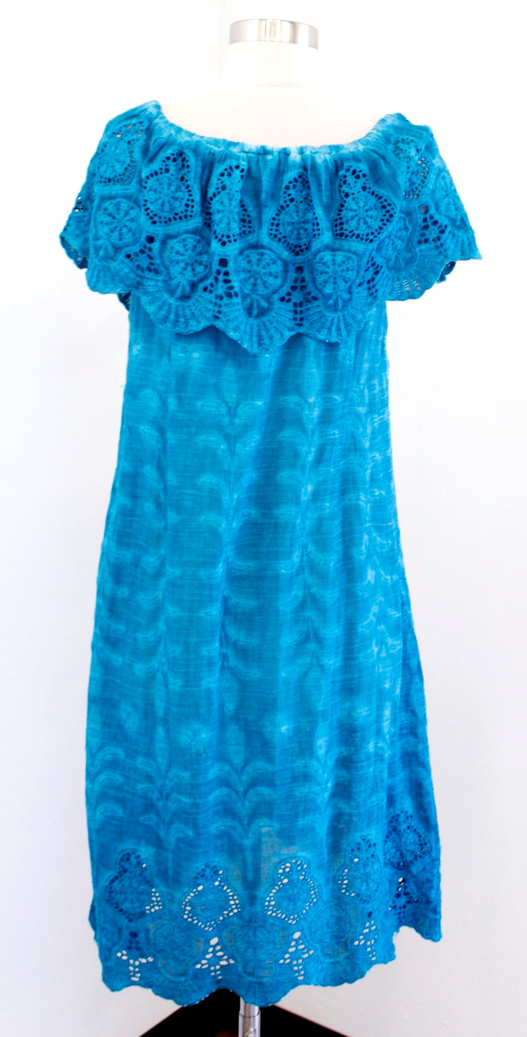 Soft Surroundings Washed Blue Off the Shoulder Ruffle Eyelet Dress Size XS