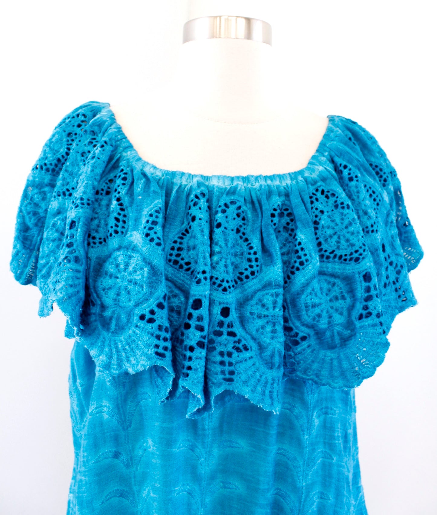 Soft Surroundings Washed Blue Off the Shoulder Ruffle Eyelet Dress Size XS