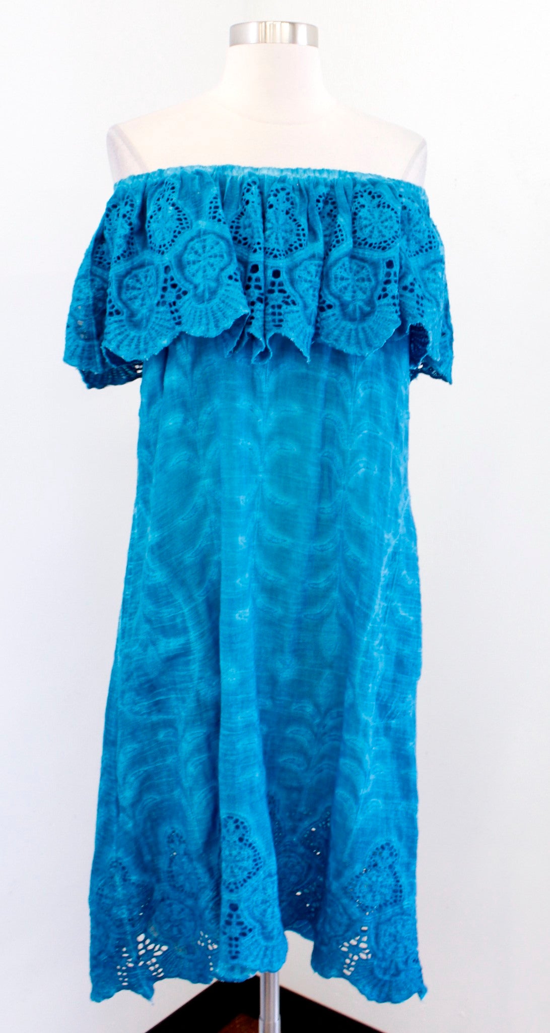 Soft Surroundings Washed Blue Off the Shoulder Ruffle Eyelet Dress Size XS