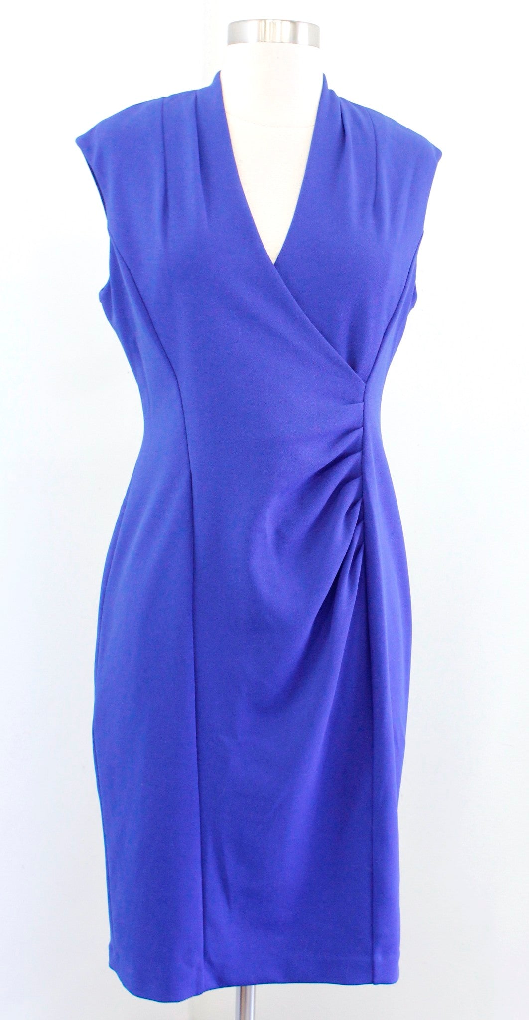 Calvin Klein Womens Royal Blue Ruched Sheath Dress Size 6 Cap Sleeve V Neck