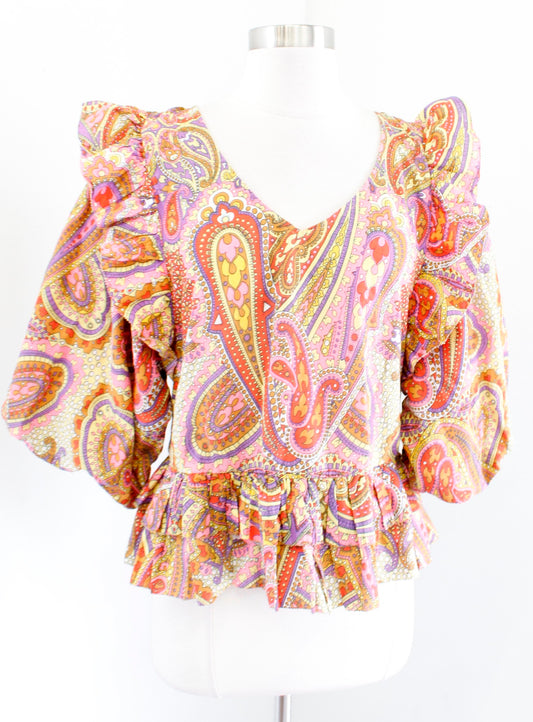 Love the Label Anthropologie Abstract Ruffle Puff Sleeve Paisley Blouse Top Sz M