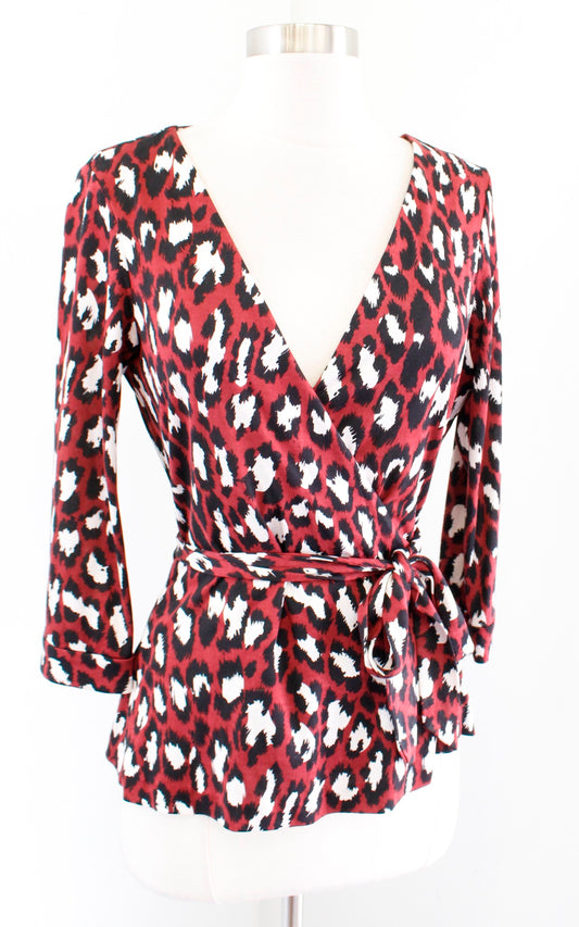 Diane Von Furstenberg New Jill Maroon Red Leopard Silk Wrap Top Blouse Size 8