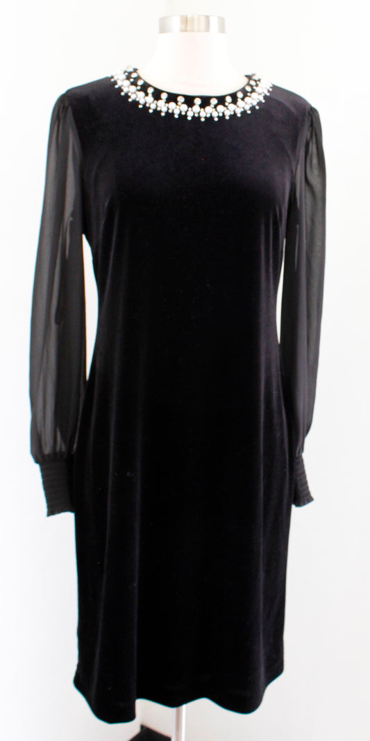 Tahari ASL Levine Black Velvet Mesh Sleeve Pearl Rhinestone Cocktail Dress Sz 8