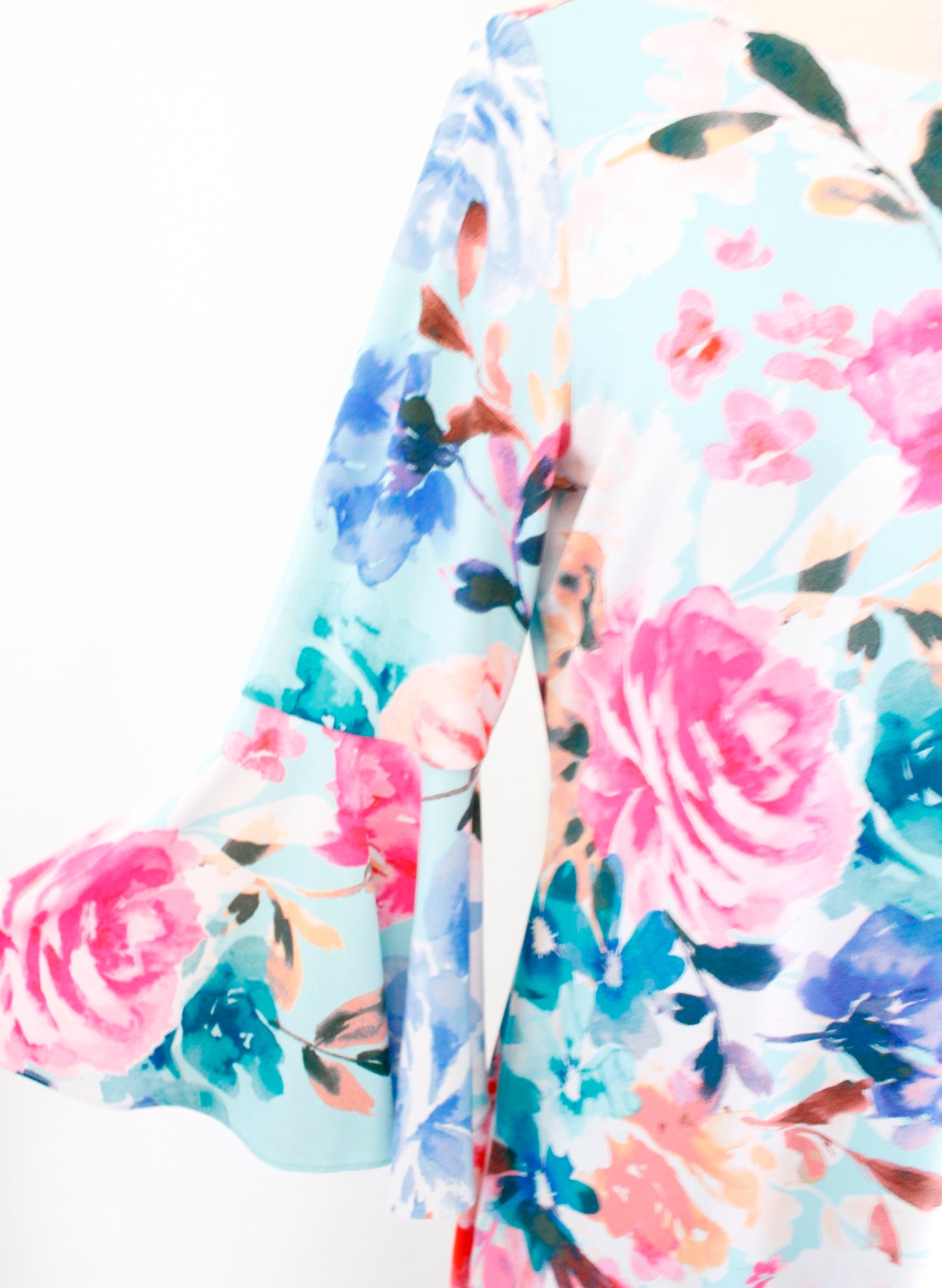 Calvin Klein Blue Floral Print Bell Sleeve Jersey Sheath Dress Size 8 Aqua