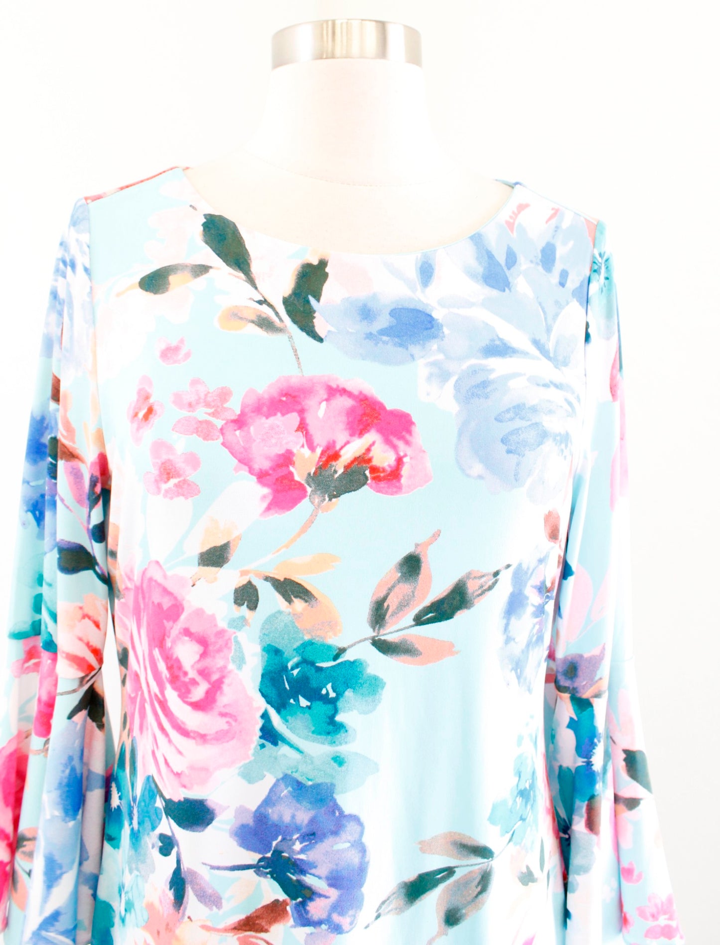 Calvin Klein Blue Floral Print Bell Sleeve Jersey Sheath Dress Size 8 Aqua