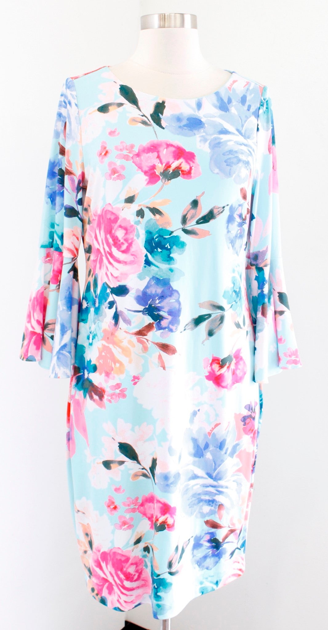 Calvin Klein Blue Floral Print Bell Sleeve Jersey Sheath Dress Size 8 Aqua
