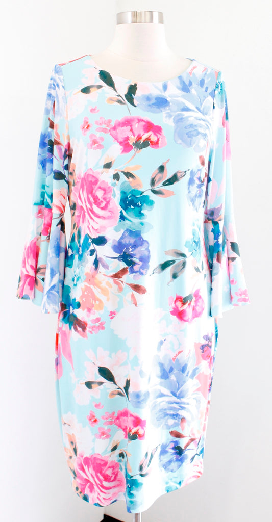 Calvin Klein Blue Floral Print Bell Sleeve Jersey Sheath Dress Size 8 Aqua