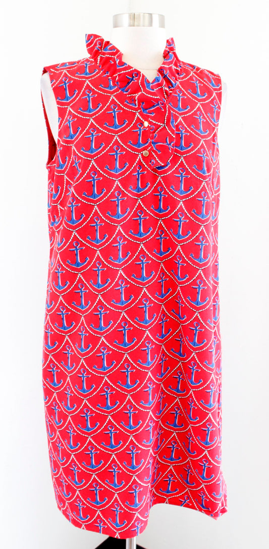 Talbots Red Blue Novelty Anchor Print Ruffle Neck Shift Dress Size 10P Summer