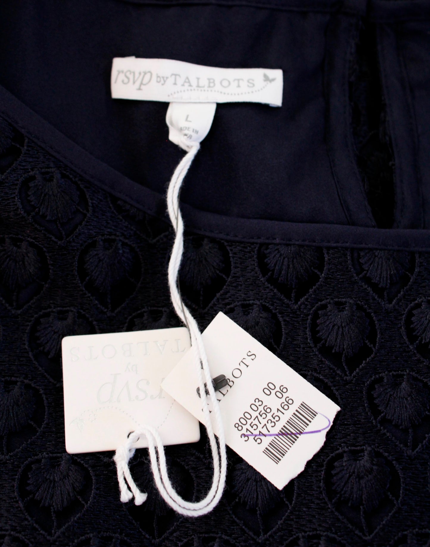 NWT Talbots RSVP Navy Blue Eyelet Lace Bell Sleeve Top Blouse Size L Evening