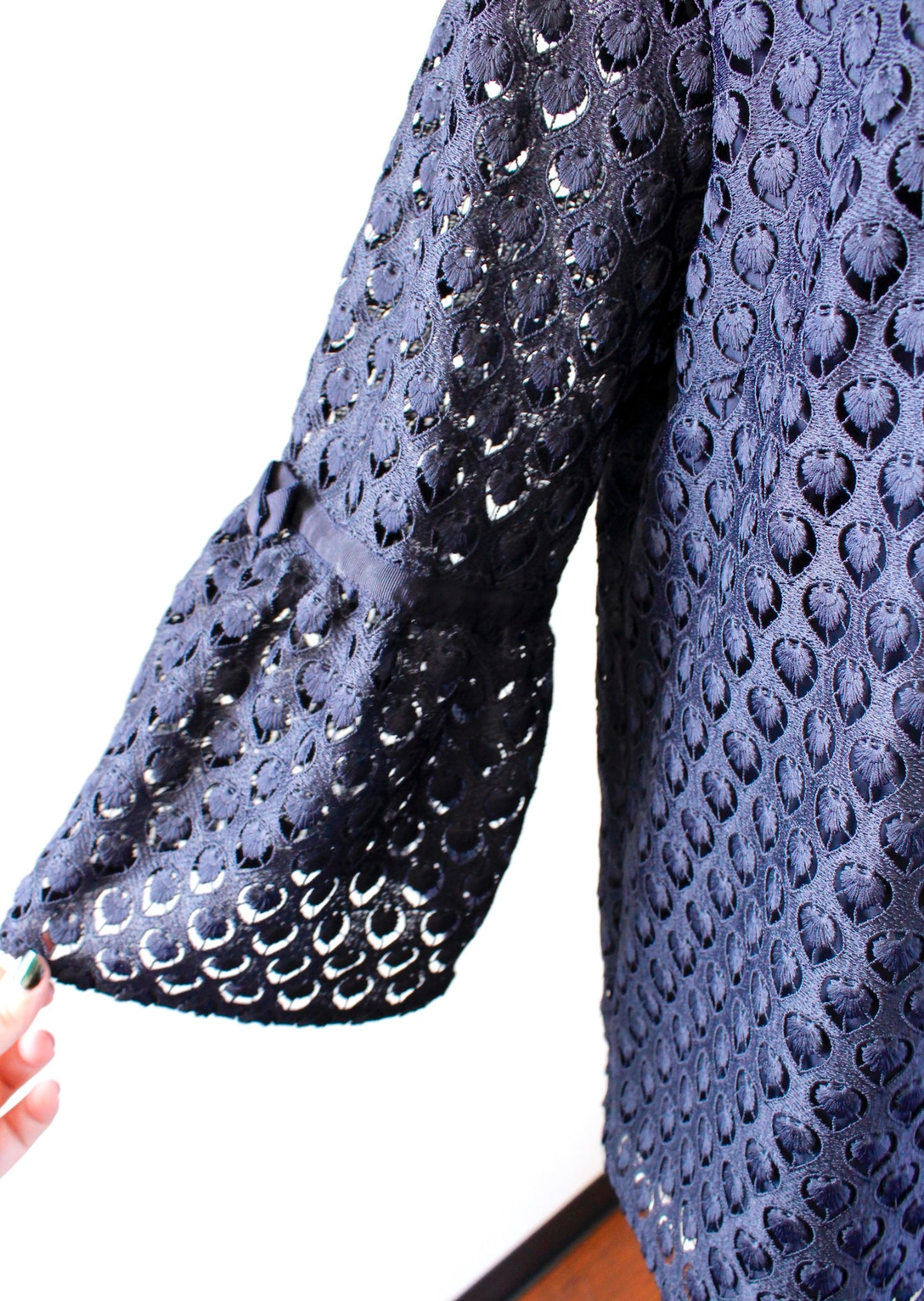 NWT Talbots RSVP Navy Blue Eyelet Lace Bell Sleeve Top Blouse Size L Evening