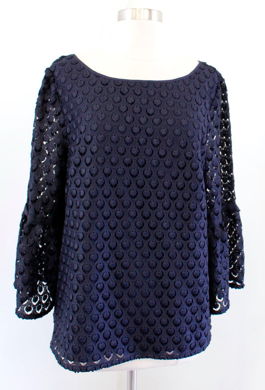 NWT Talbots RSVP Navy Blue Eyelet Lace Bell Sleeve Top Blouse Size L Evening