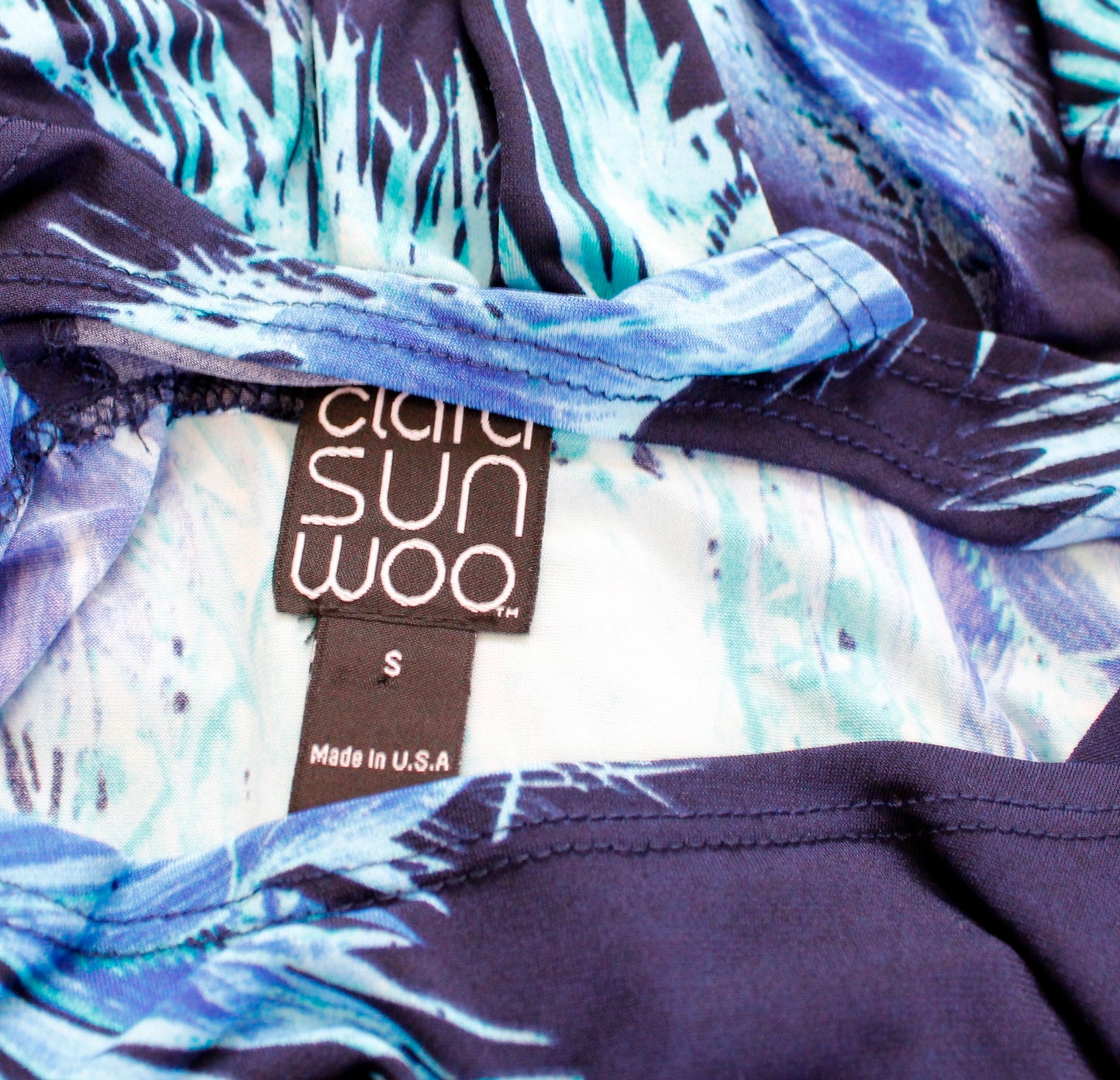 Clara Sun Woo Blue Palm Leaf Print Asymmetrical Cold Shoulder Tunic Top Blouse S