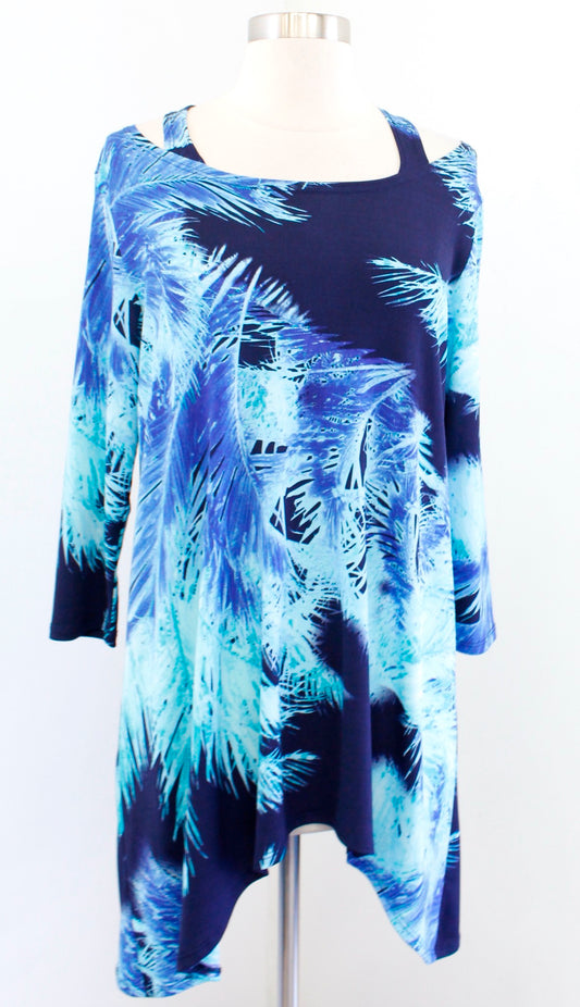 Clara Sun Woo Blue Palm Leaf Print Asymmetrical Cold Shoulder Tunic Top Blouse S