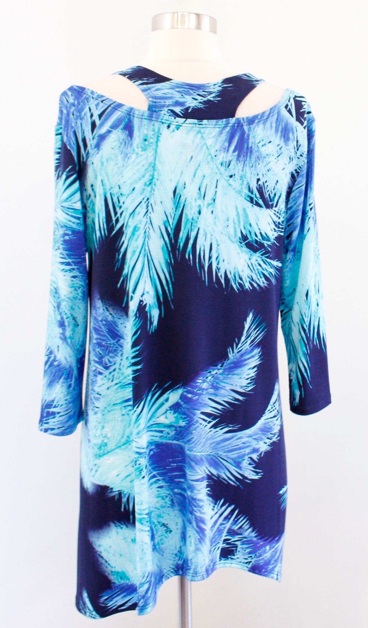 Clara Sun Woo Blue Palm Leaf Print Asymmetrical Cold Shoulder Tunic Top Blouse S