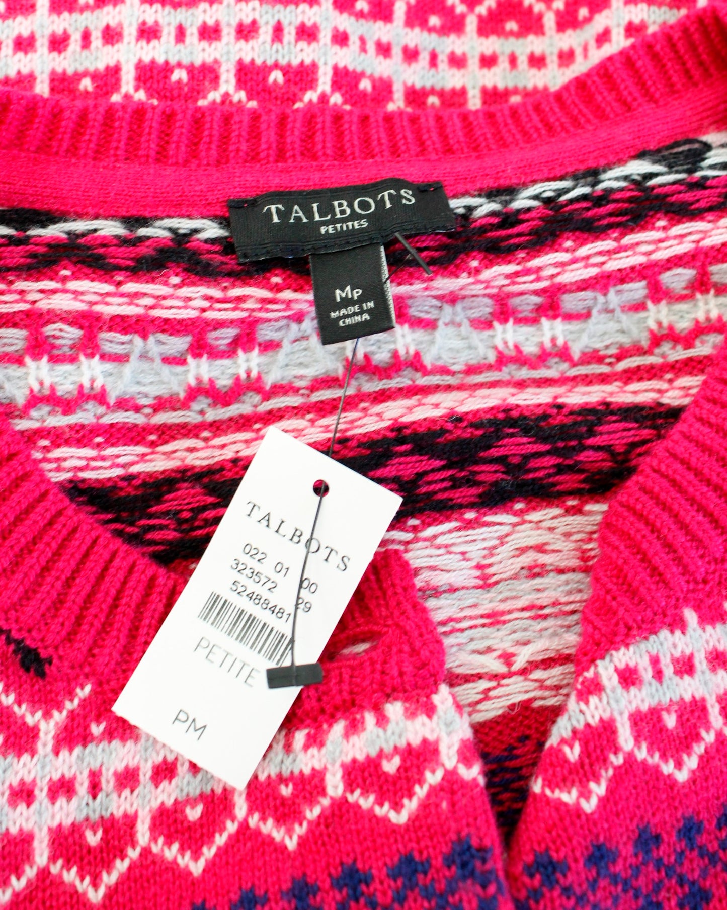 NWT Talbots Pink Fair Isle Nordic Cardigan Sweater Lambswool Size PM MP Black