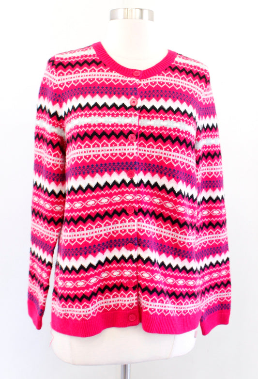 NWT Talbots Pink Fair Isle Nordic Cardigan Sweater Lambswool Size PM MP Black