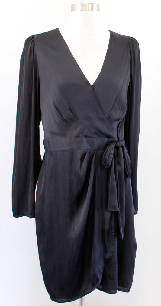 NWT Banana Republic Womens Solid Black Puff Sleeve Wrap Tie Dress Size 12