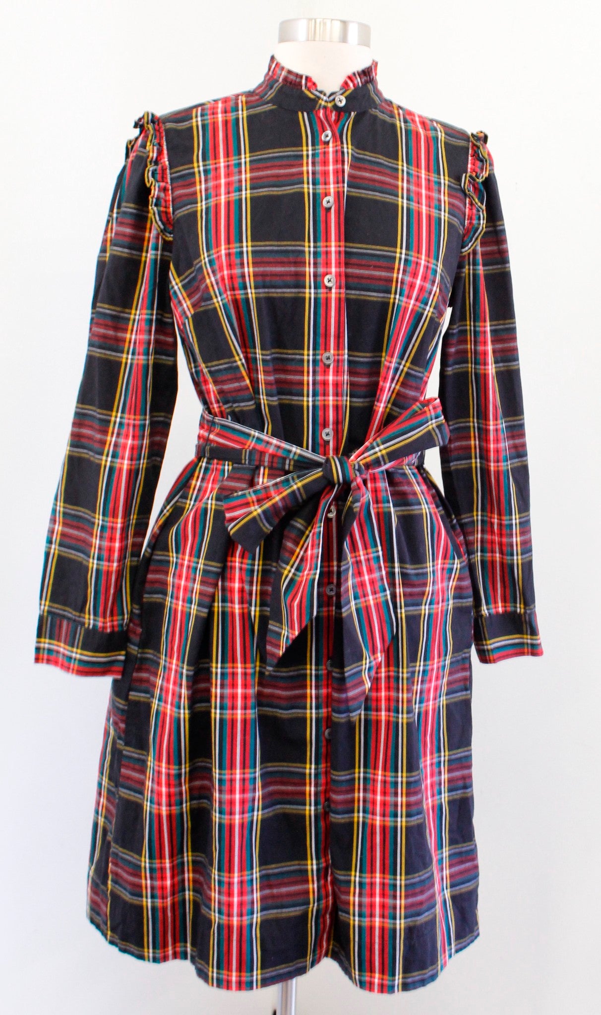 J Crew Factory Ruffle Mock Neck Stewart Tartan Plaid Tie Waist Shirt Dress Sz 4