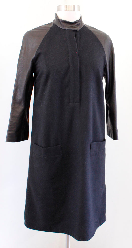 NWT Emerson Fry New York Black Wool Blend Washed Leather Trim Shift Dress Size 0