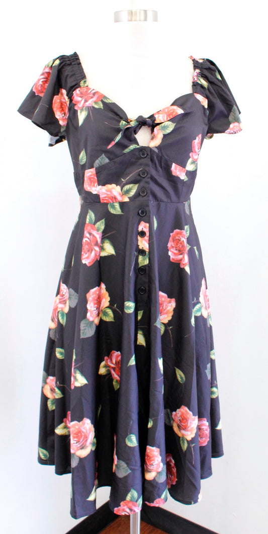 NWT Unique Vintage Black Floral Print A Line Button Front Dress Size M 6 8 Retro