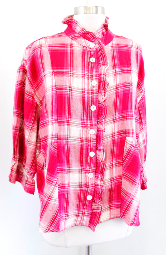 NWT $119 Ivy Jane Pink Gauze Plaid Button Front Ruffle Jacket / Top Size XS Red