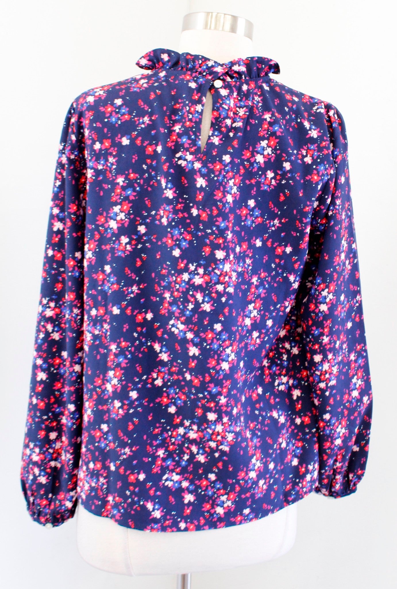 NWT J Crew Navy Blue Floral Print Ruffle Neck Long Sleeve Top Blouse Size S