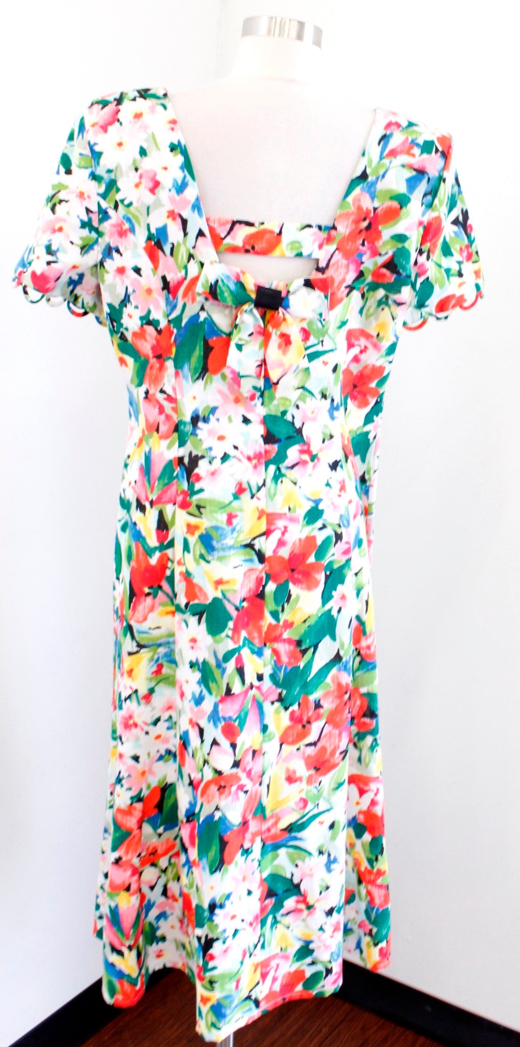 Vtg 90s Colorful Floral Print Short Sleeve Bow Back Midi Maxi Dress Sz 14 Flax