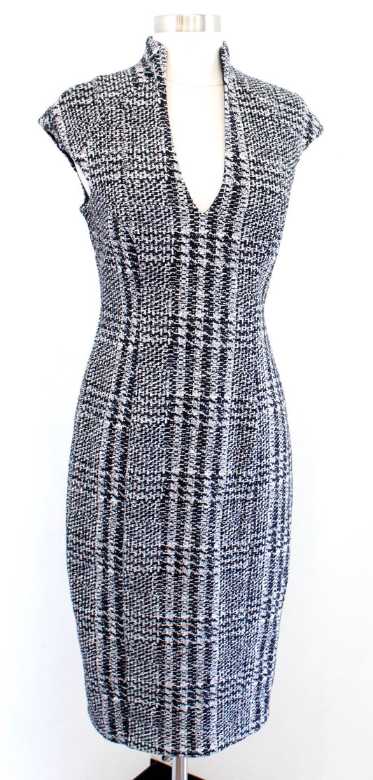 Alexia Admor Black White Glen Houndstooth Plaid Pencil Sheath Dress Sz 6 V Neck