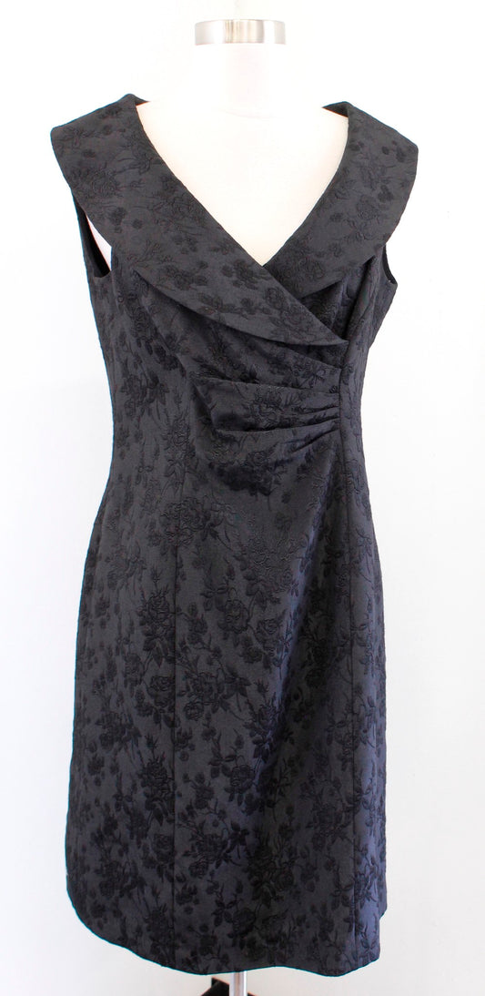 Tahari Levine Black Floral Embossed Envelope Collar Ruched Sheath Dress Size 6