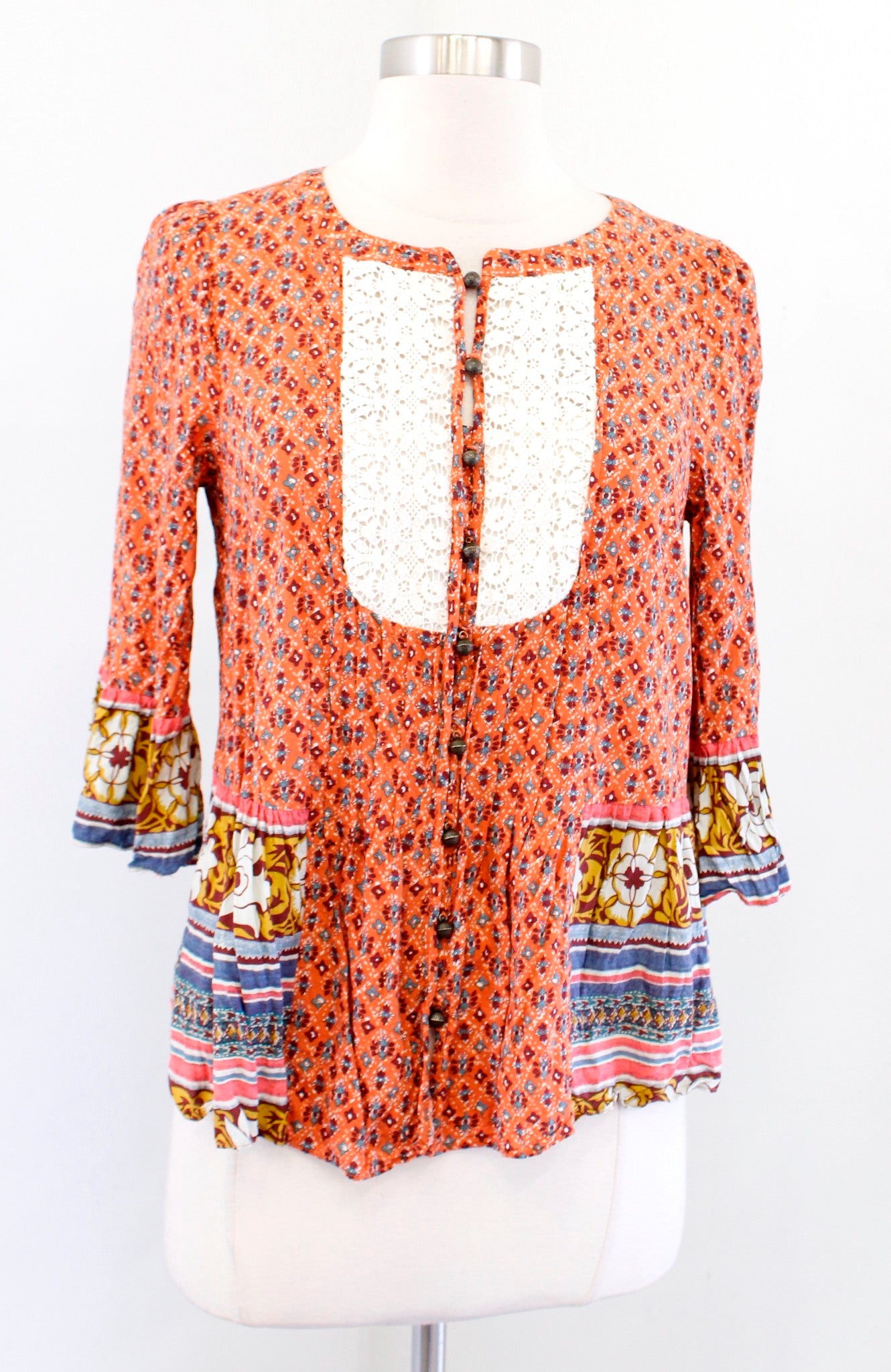 Maeve Anthropologie Hiver Orange Floral Lace Trim Peasant Top Blouse Size 2