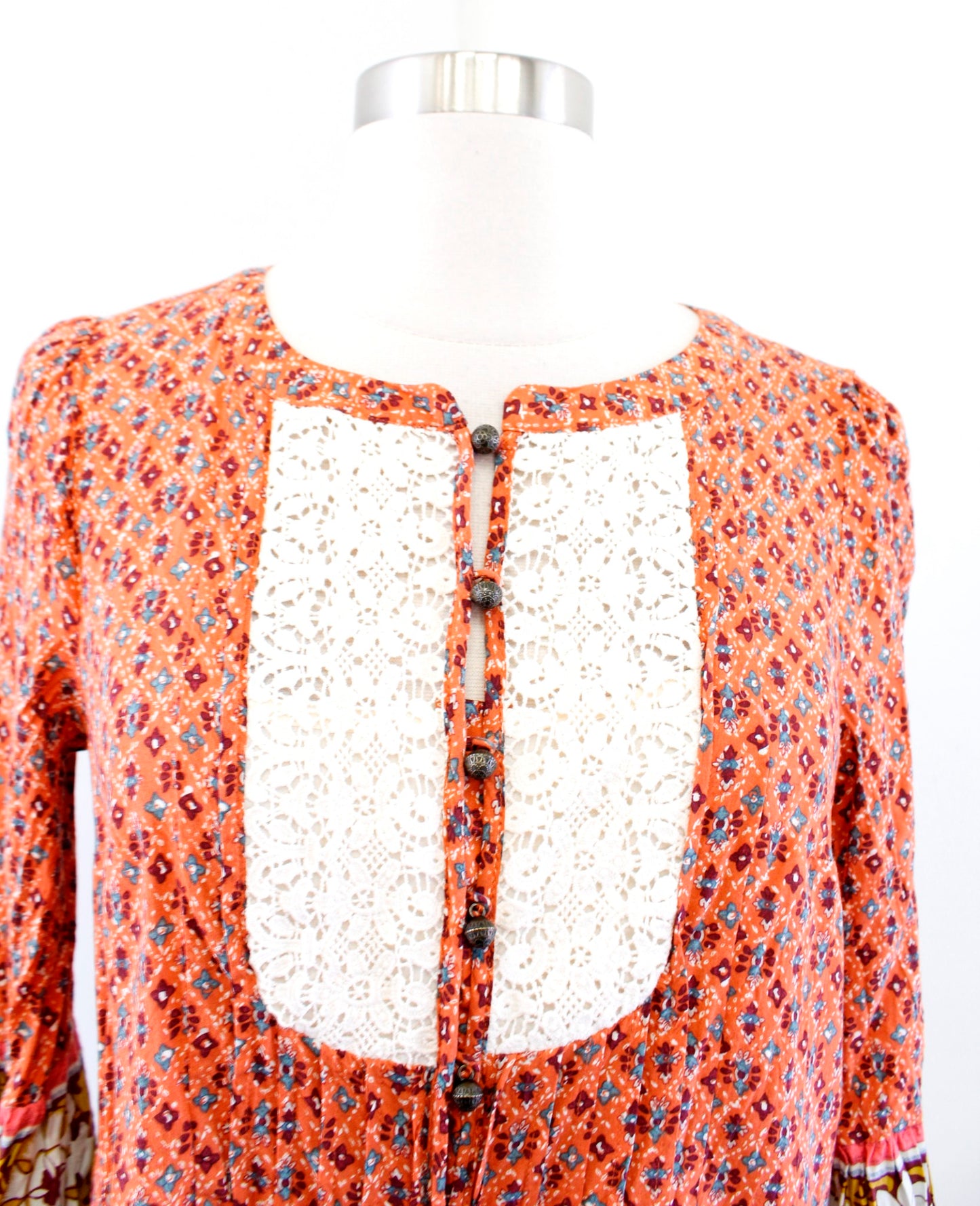 Maeve Anthropologie Hiver Orange Floral Lace Trim Peasant Top Blouse Size 2