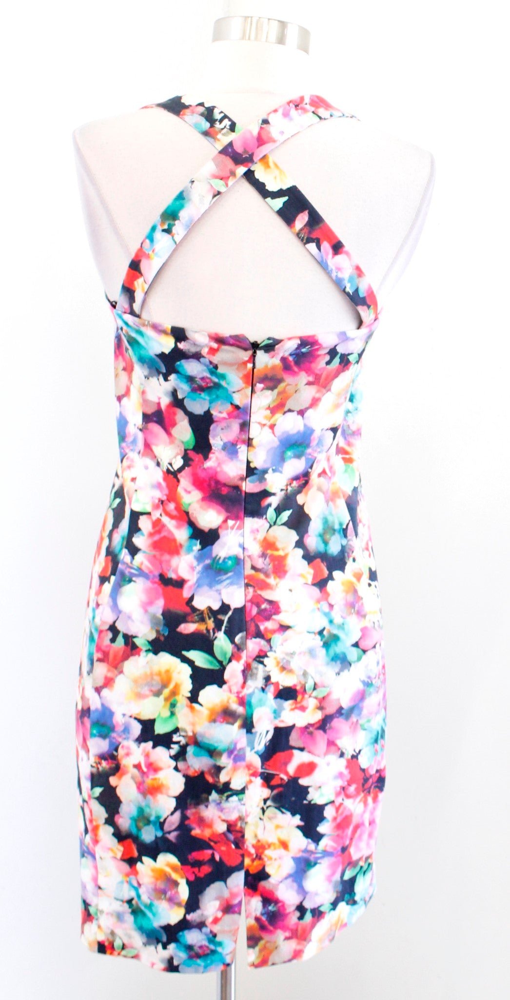 Black Halo Bryson Floral Print Cross Back Strappy Sheath Dress Size 4 Cocktail