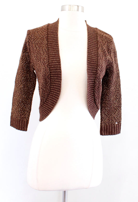 NWT Vtg Cache Brown Gold Metallic Pointelle Crop Cardigan Sweater Bolero Size M