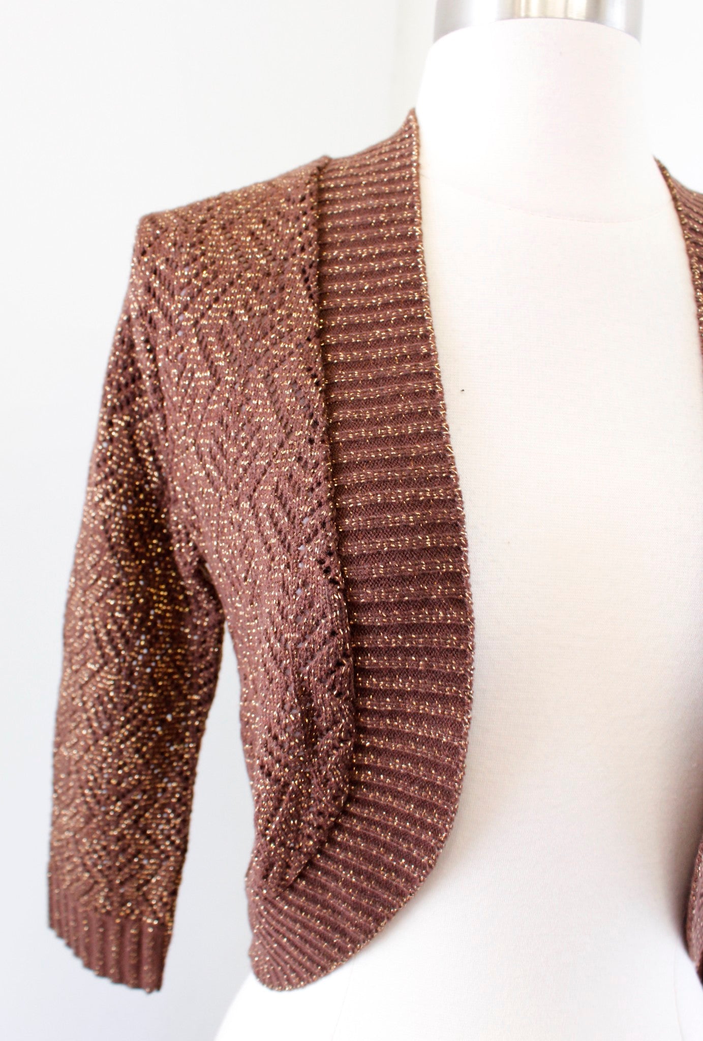 NWT Vtg Cache Brown Gold Metallic Pointelle Crop Cardigan Sweater Bolero Size M