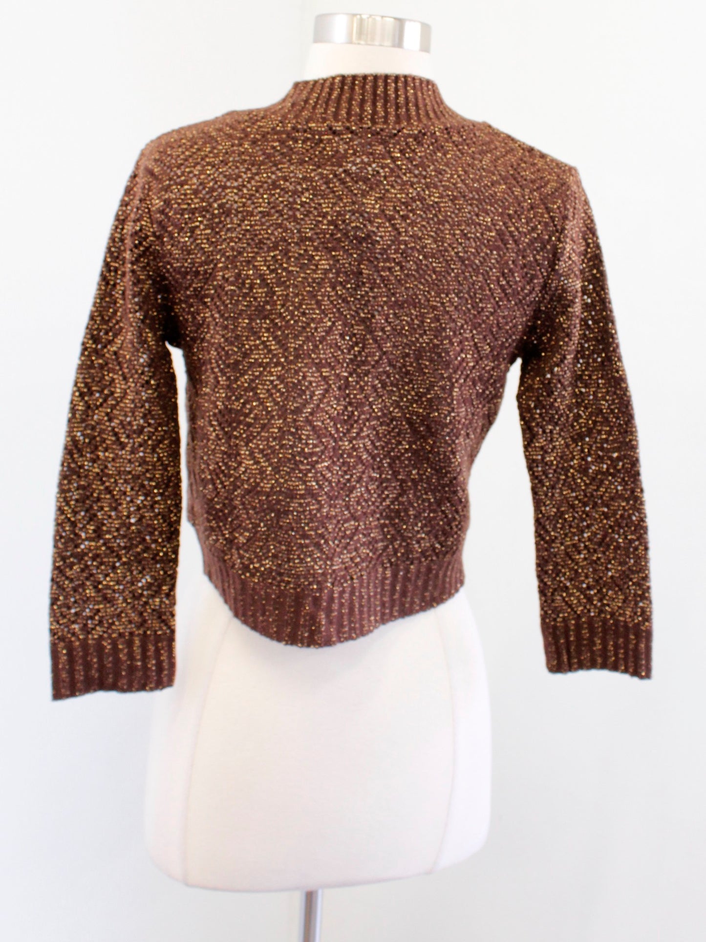 NWT Vtg Cache Brown Gold Metallic Pointelle Crop Cardigan Sweater Bolero Size M