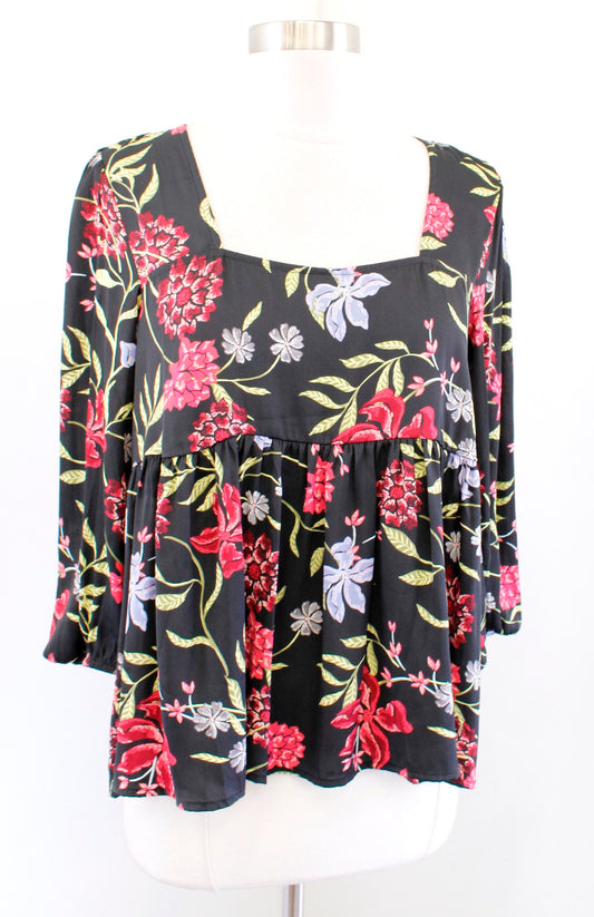 Dolan Anthropologie Cherie Black Floral Babydoll Top Blouse Size S Square Neck