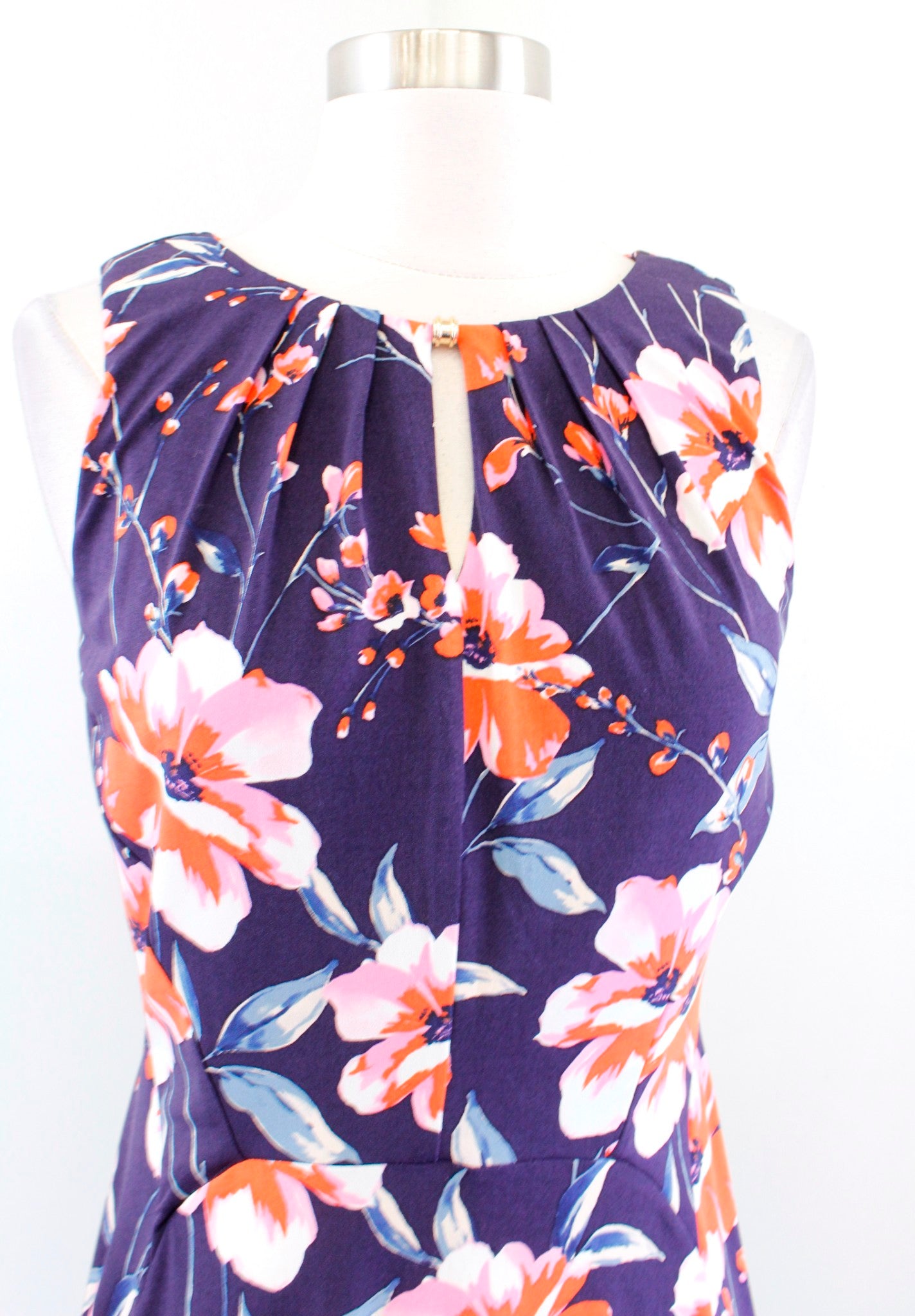Ivanka Trump Blue / Purple Floral Print Keyhole Sleeveless Jersey Dress Size S