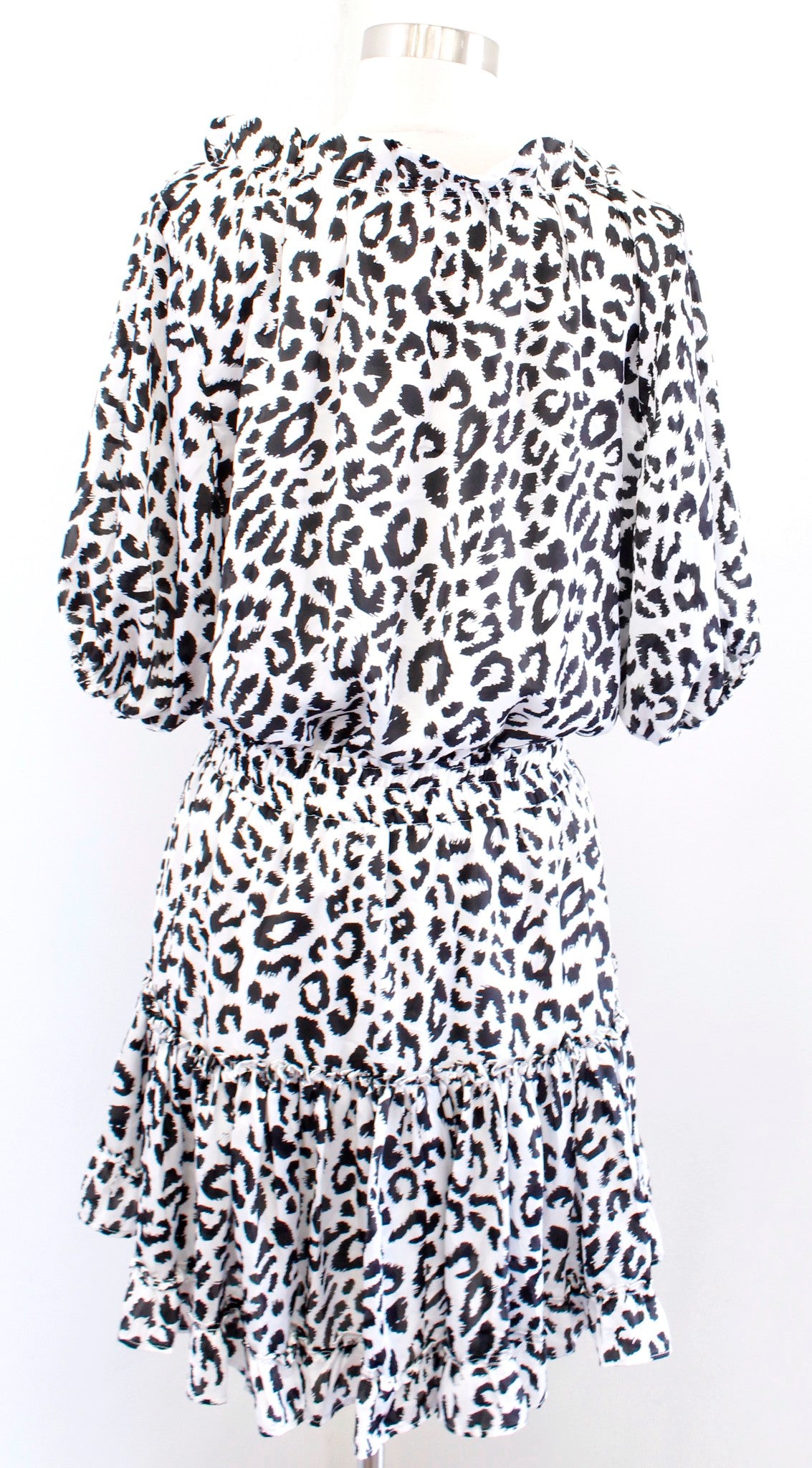 NWT Buddy Love Black White Cat Leopard Print Smocked Flounce Dress Size M Ruffle