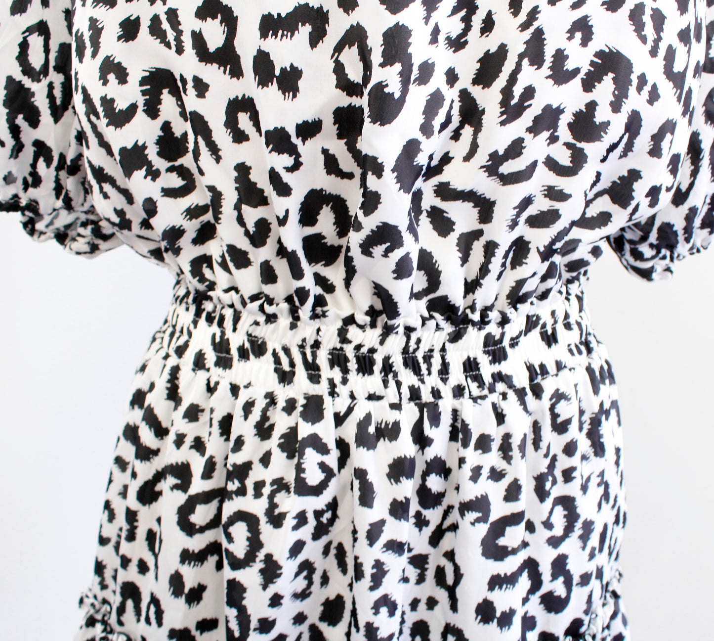 NWT Buddy Love Black White Cat Leopard Print Smocked Flounce Dress Size M Ruffle