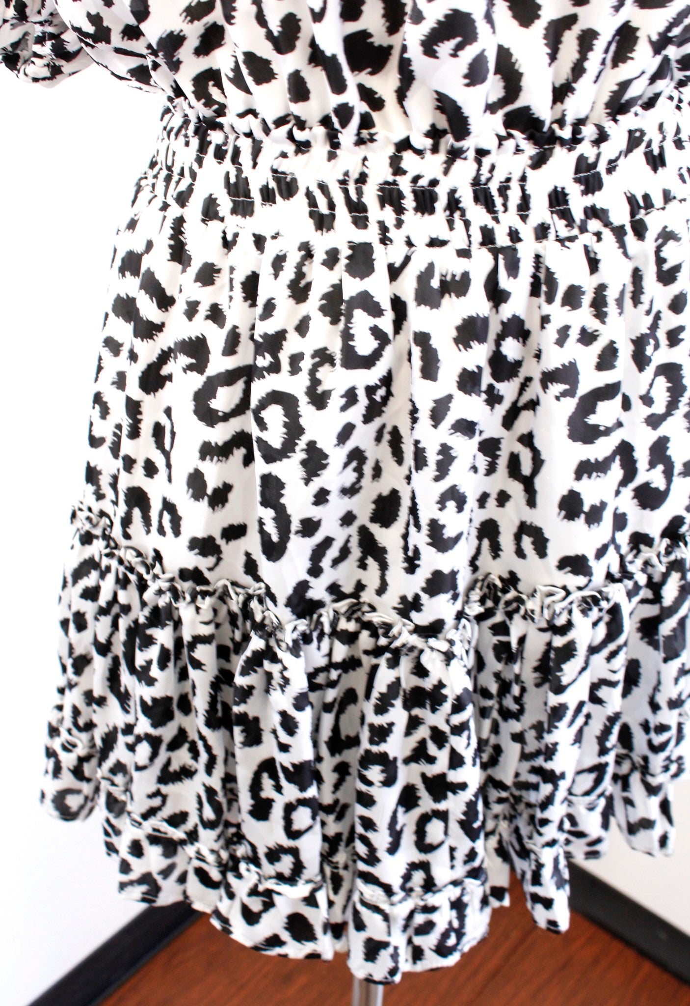 NWT Buddy Love Black White Cat Leopard Print Smocked Flounce Dress Size M Ruffle