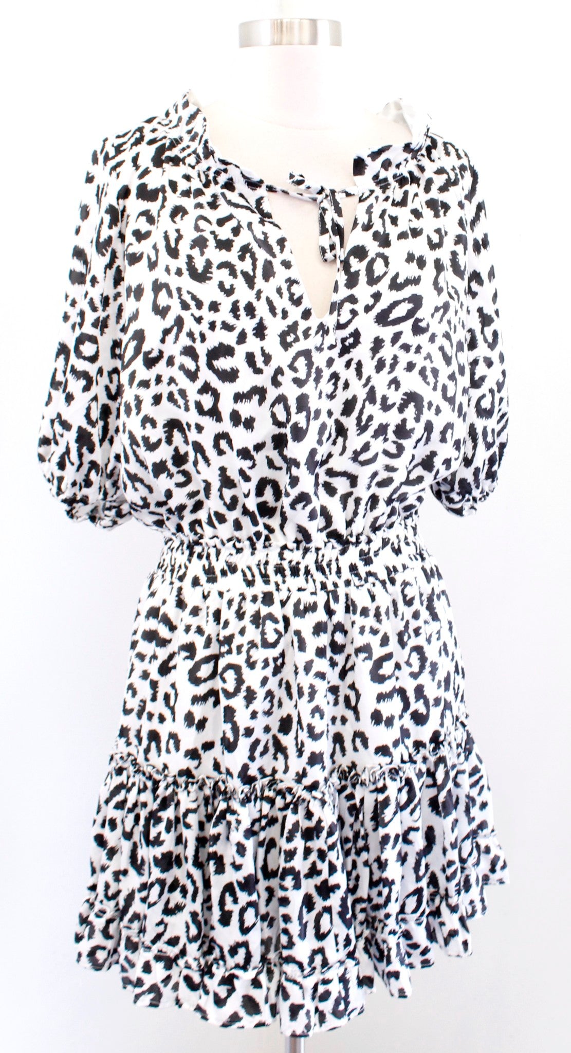 NWT Buddy Love Black White Cat Leopard Print Smocked Flounce Dress Size M Ruffle