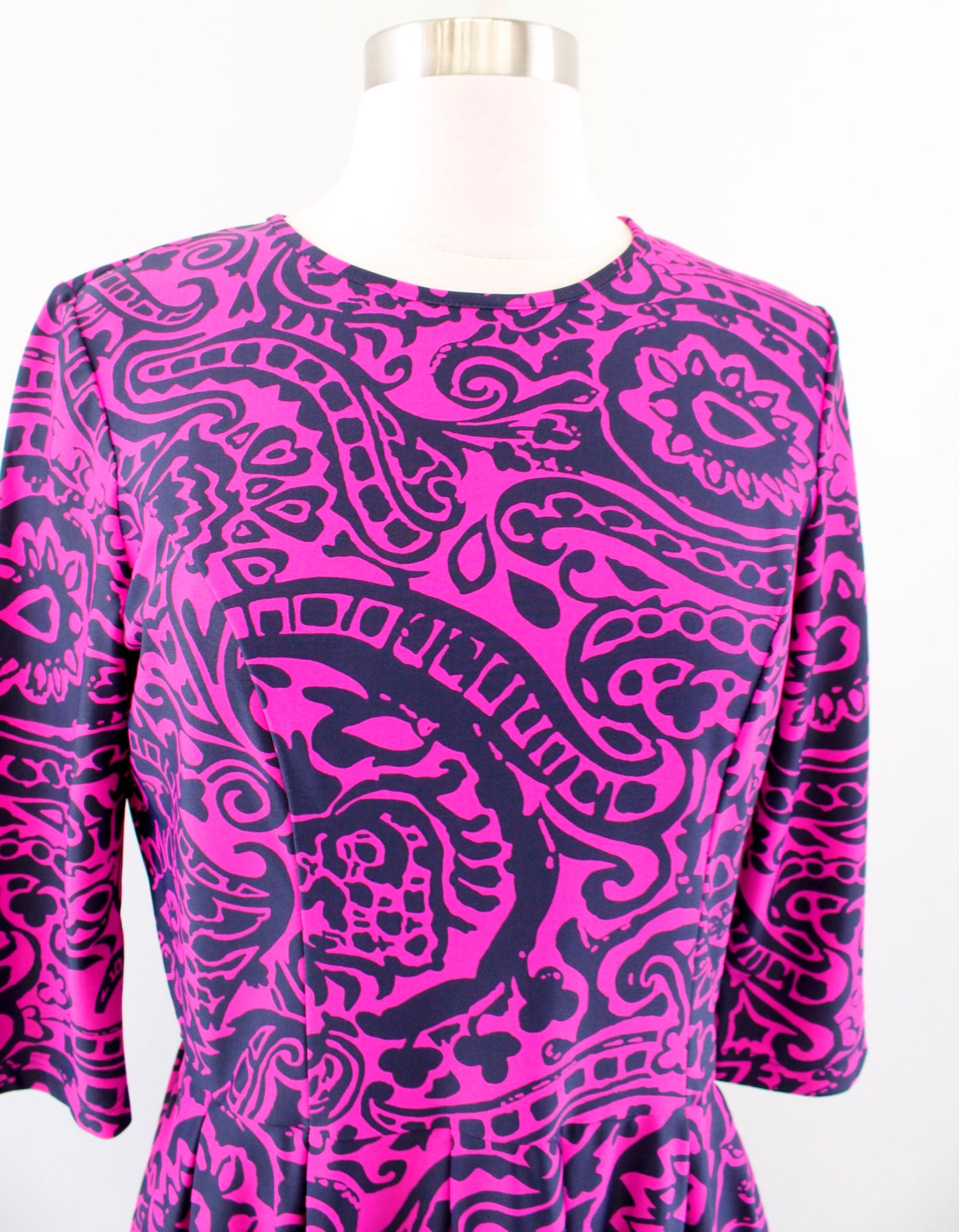 Jude Connally Womens Pink Blue Paisley Print 3/4 Sleeve Dress Size S Flare