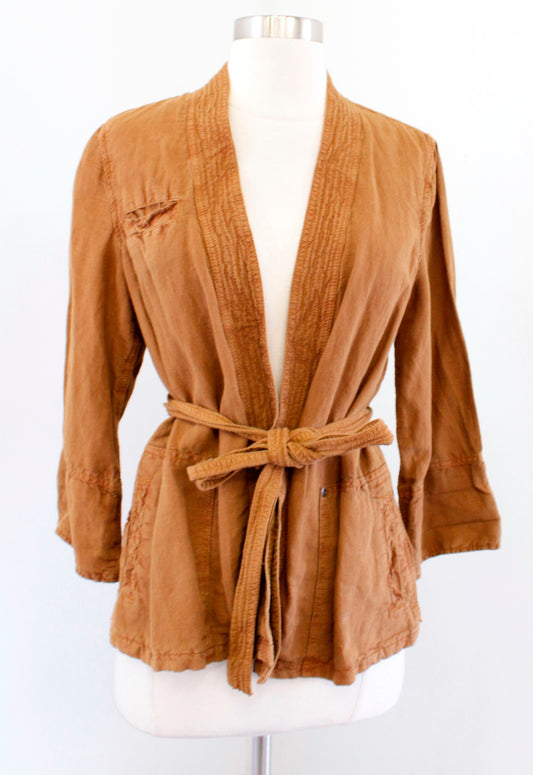 Hei Hei Anthropologie Honey Brown Tie Waist Wrap Style Linen Jacket Size XS