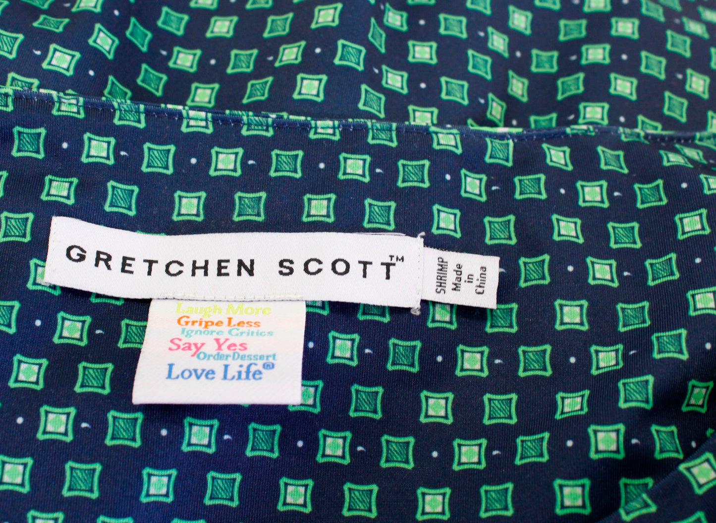 Gretchen Scott Navy Blue Green Geometric Print Top Blouse Size Shrimp XXS 2XS