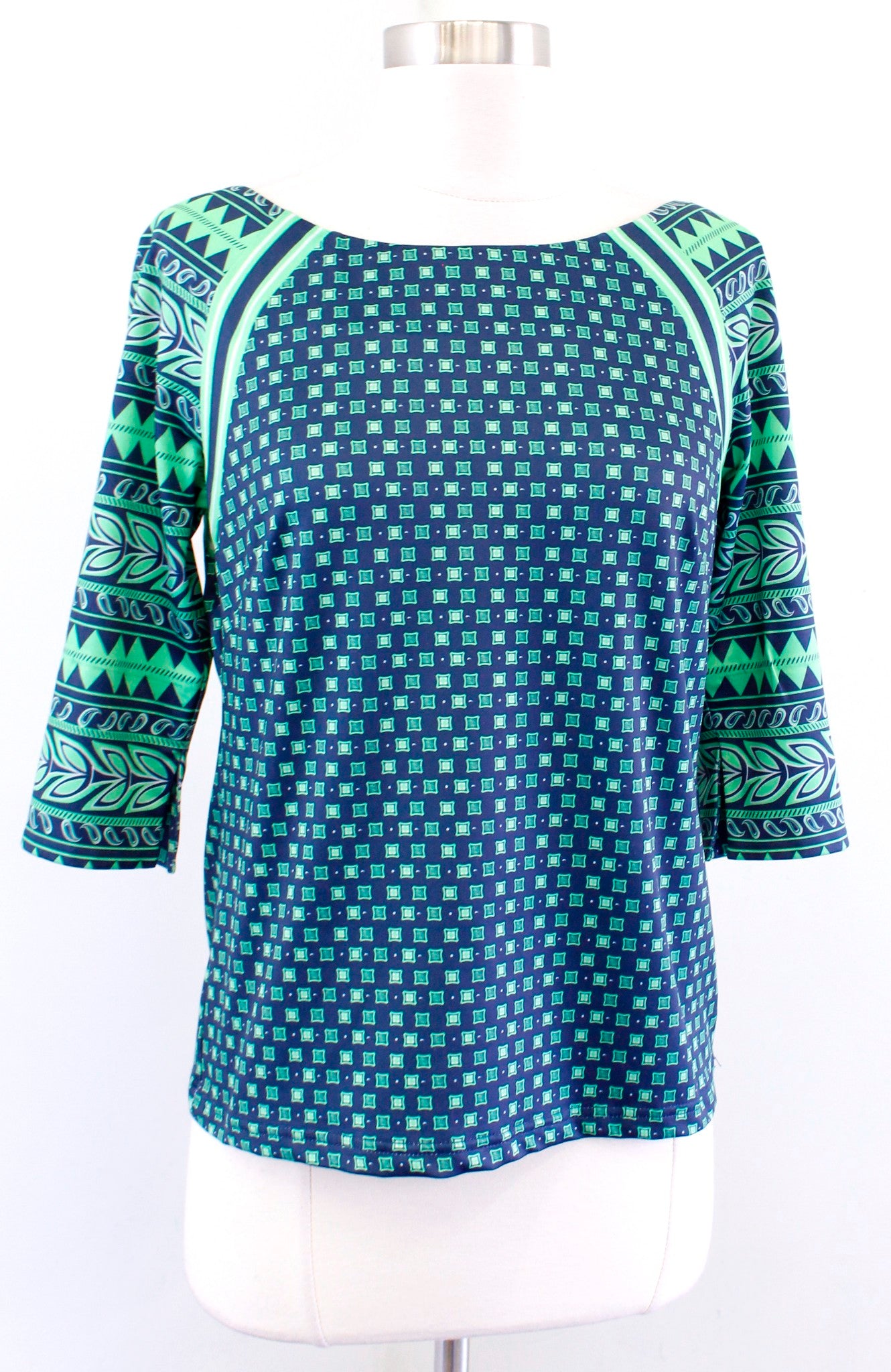 Gretchen Scott Navy Blue Green Geometric Print Top Blouse Size Shrimp XXS 2XS
