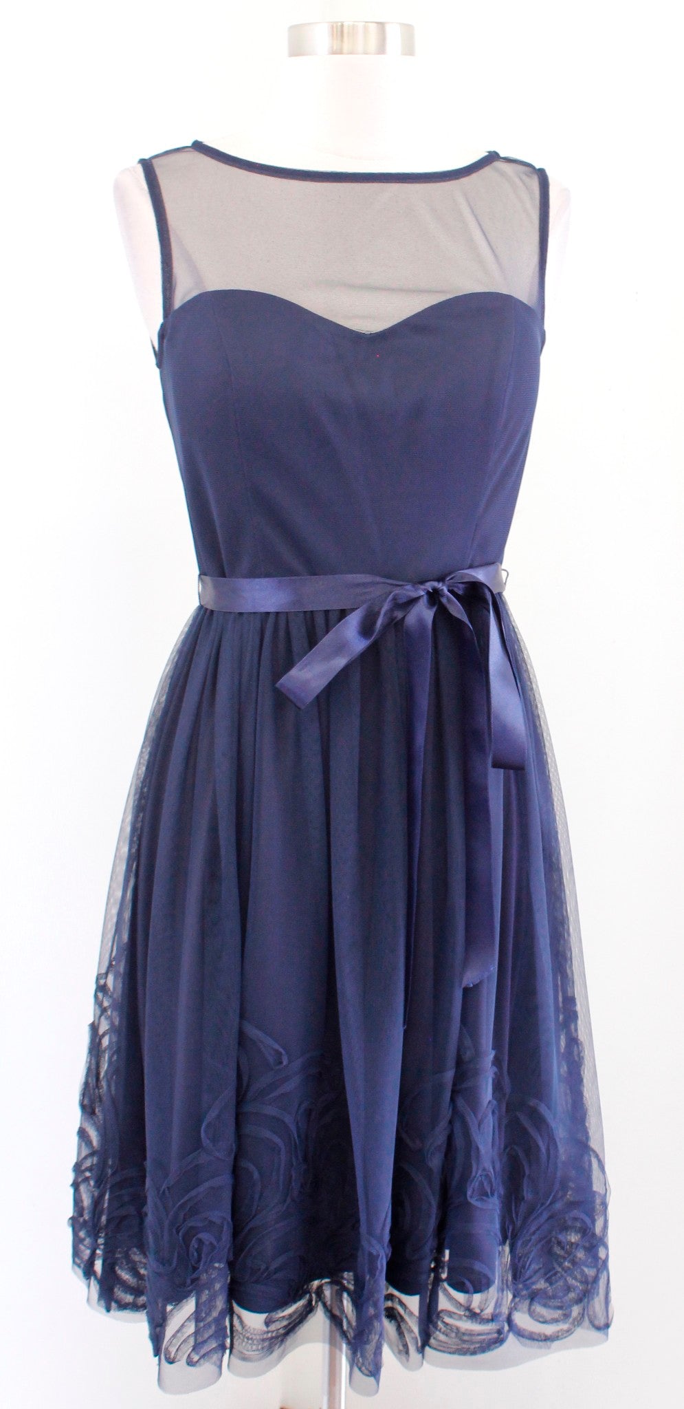 Eliza J Navy Blue Mesh Illusion Textured Fit and Flare Cocktail Party Dress Sz S