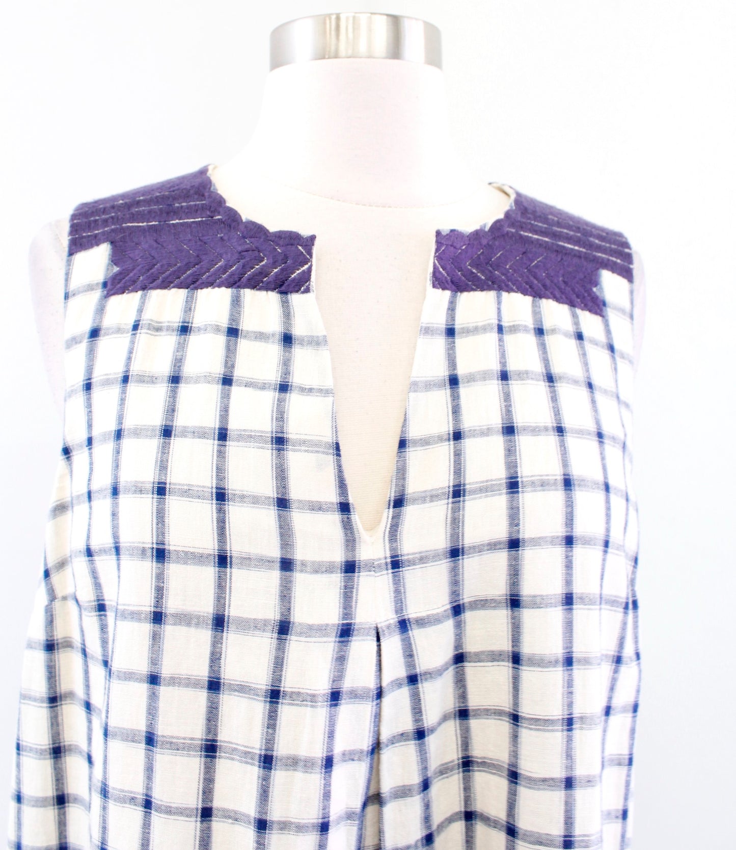 Madewell Sunray Window Pane Plaid Printed Embroidered Shift Dress Size S Linen